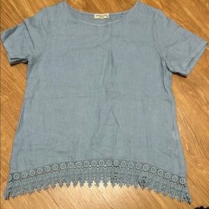 Terzo millennial 100% linen Embellished Blue Short Sleeve Boxy Blouse small